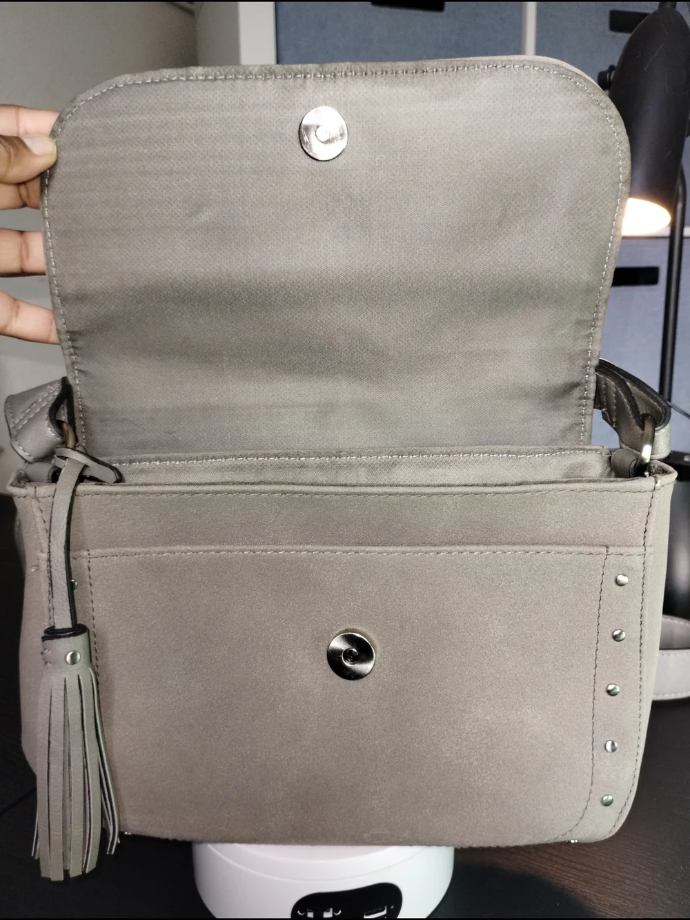 Classic Gray Crossbody Bag with Tassel Accent